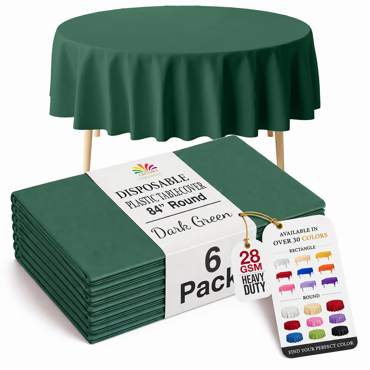 Dark Green Round Plastic Table Covers | 6 Pack | 84 in.