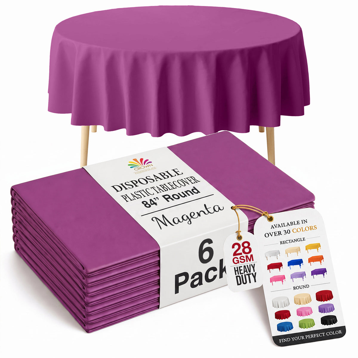 Round Magenta Plastic Table Covers | 6 Pack | 84 in.