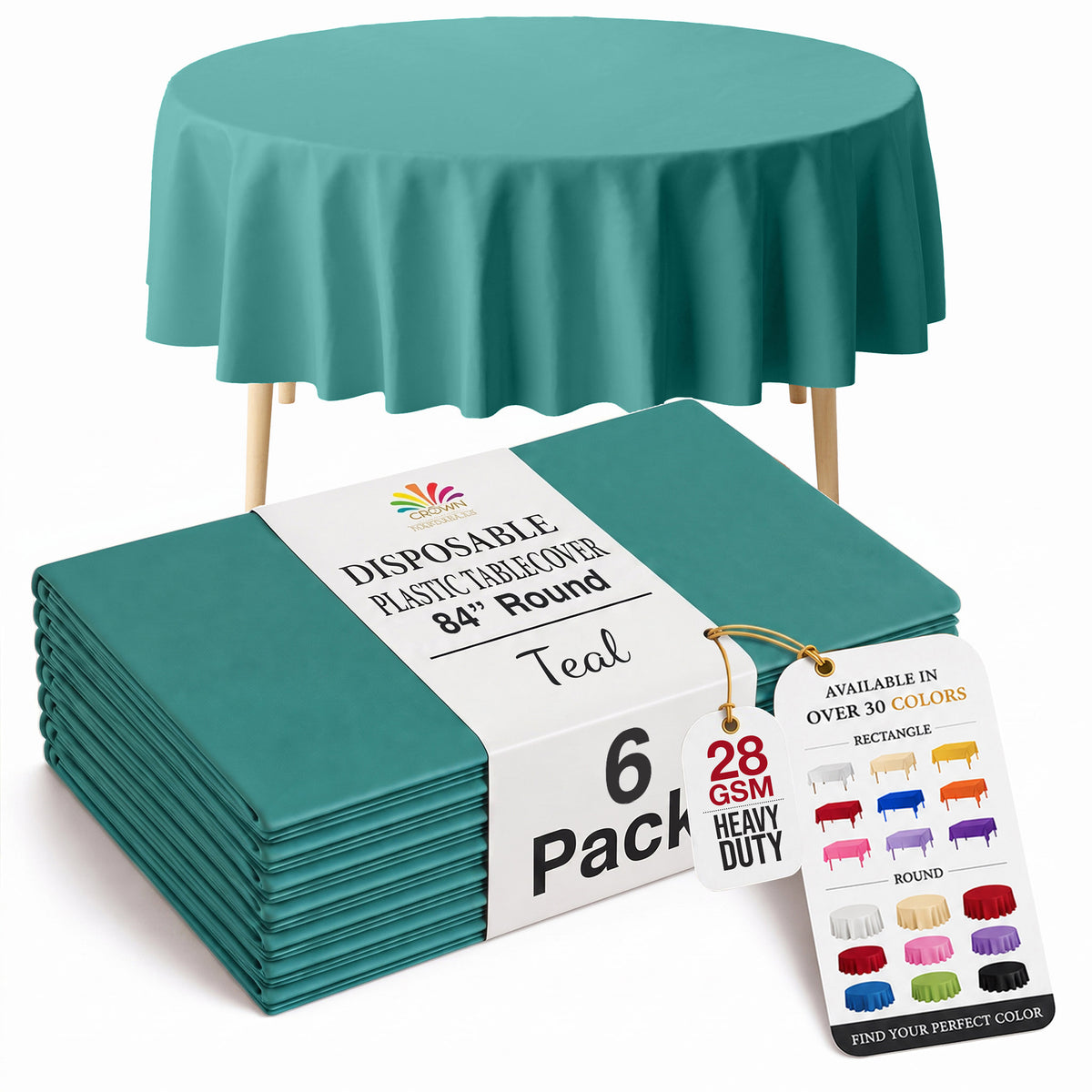 Round Teal Plastic Table Covers | 6 Pack | 84 in.