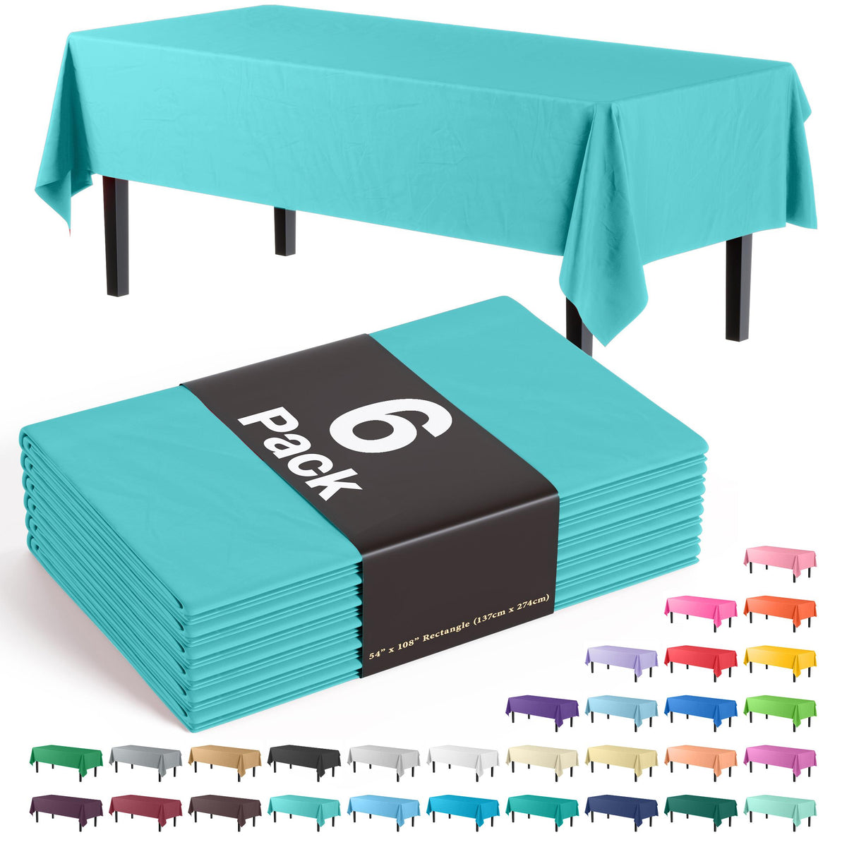 Premium Aqua Blue Plastic Table Covers | 6 Pack - 54 In. x 108 In.