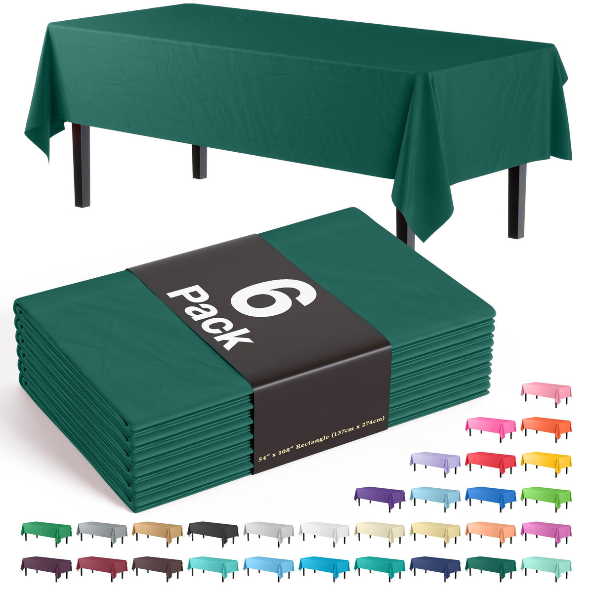 Dark Green Plastic Table Covers | 6 Pack - 54 In. x 108 In.
