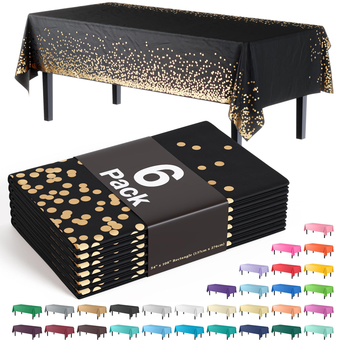 Black & Gold Celebrate Printed Plastic Table Covers | 6 Count - 54 In. x 108 In.