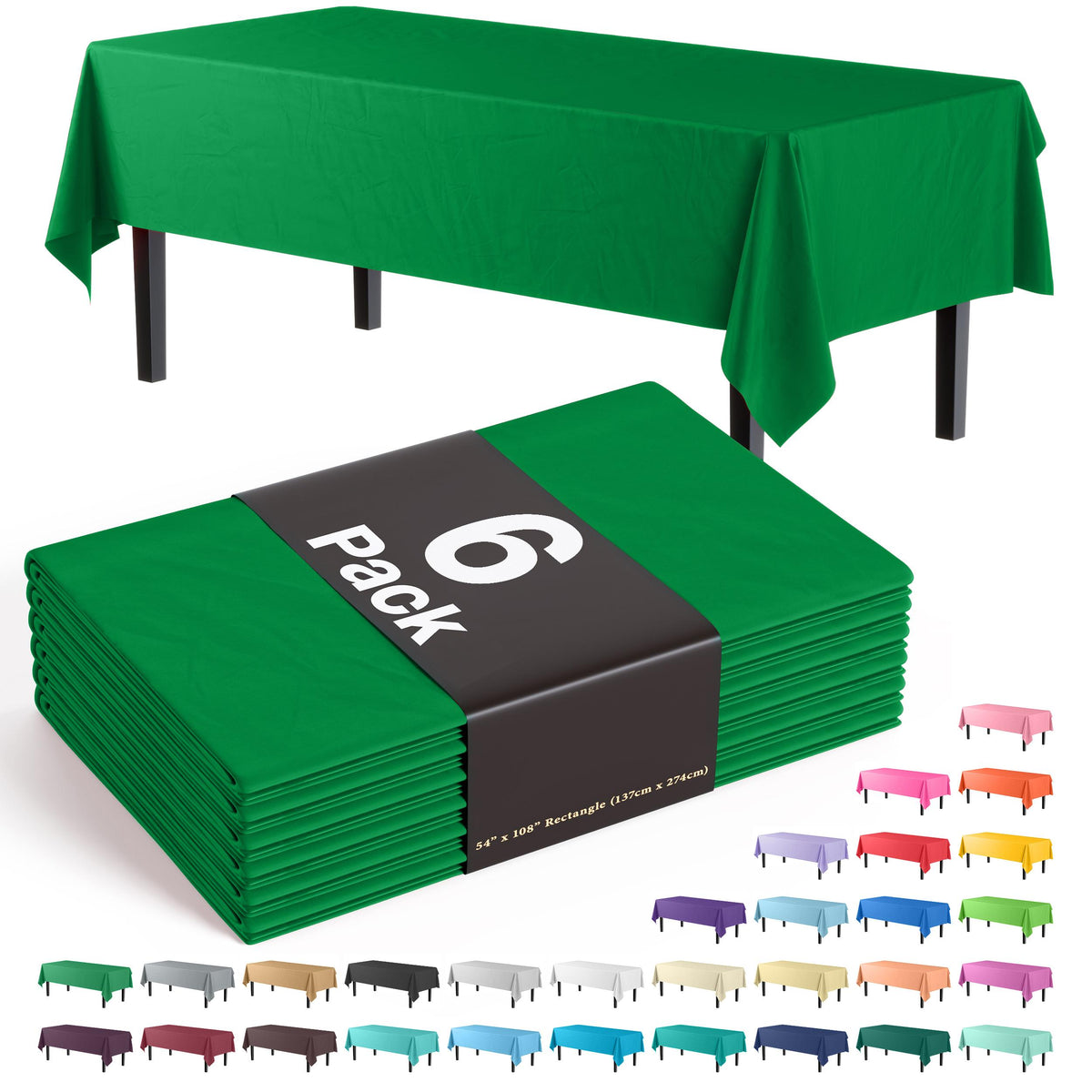 Premium Emerald Green Plastic Table Covers | 6 Pack - 54 In. x 108 In.