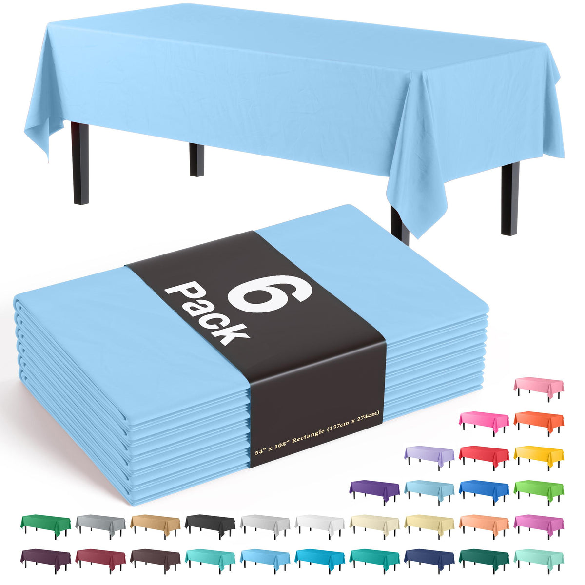 Light Blue Plastic Table Covers | 6 Pack - 54 In. x 108 In.