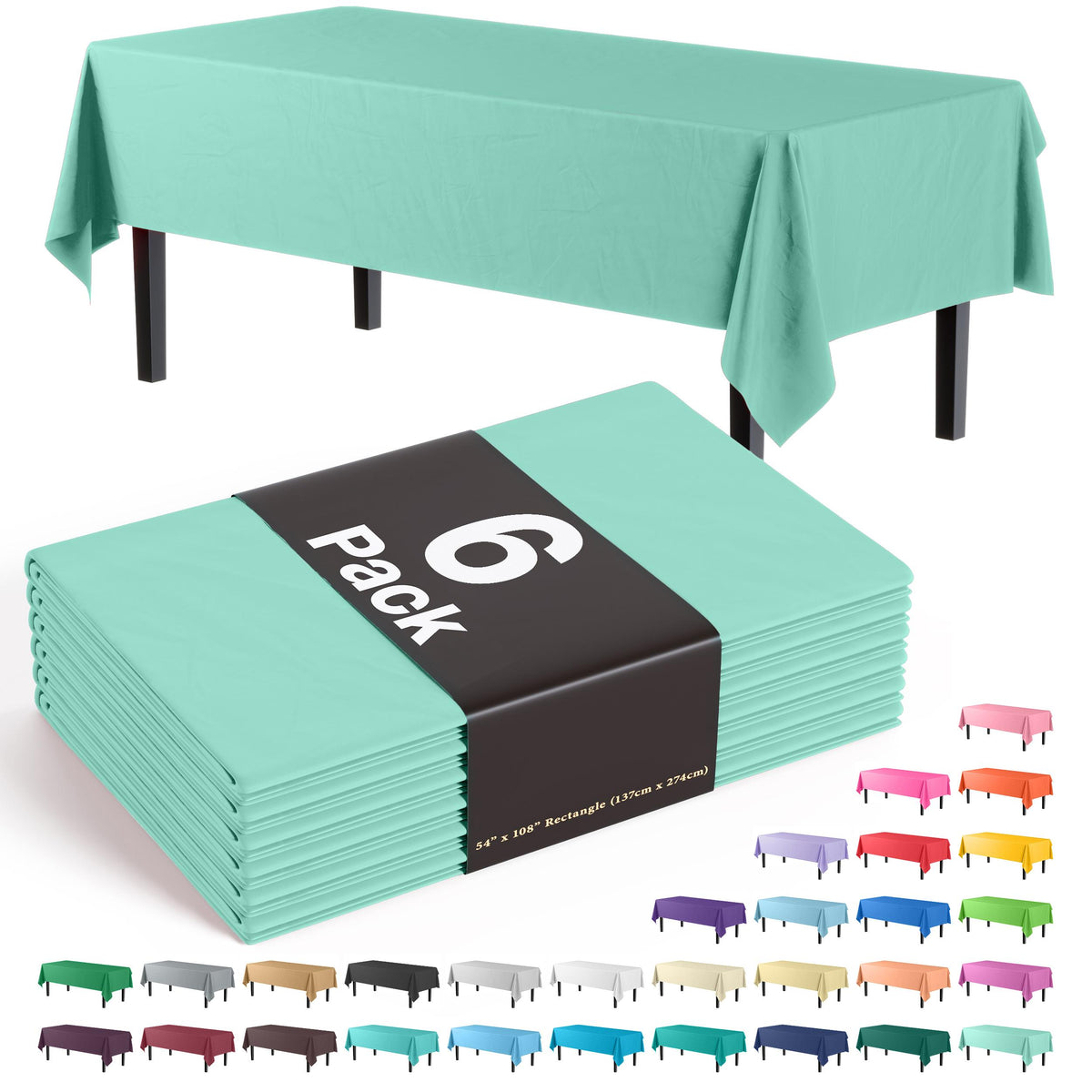 Premium Mint Plastic Table Covers | 6 Pack - 54 In. x 108 In.