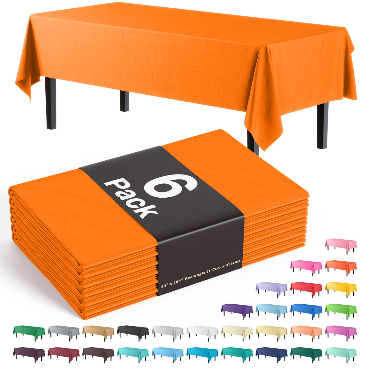 Orange Plastic Table Covers | 6 Pack - 54 In. x 108 In.