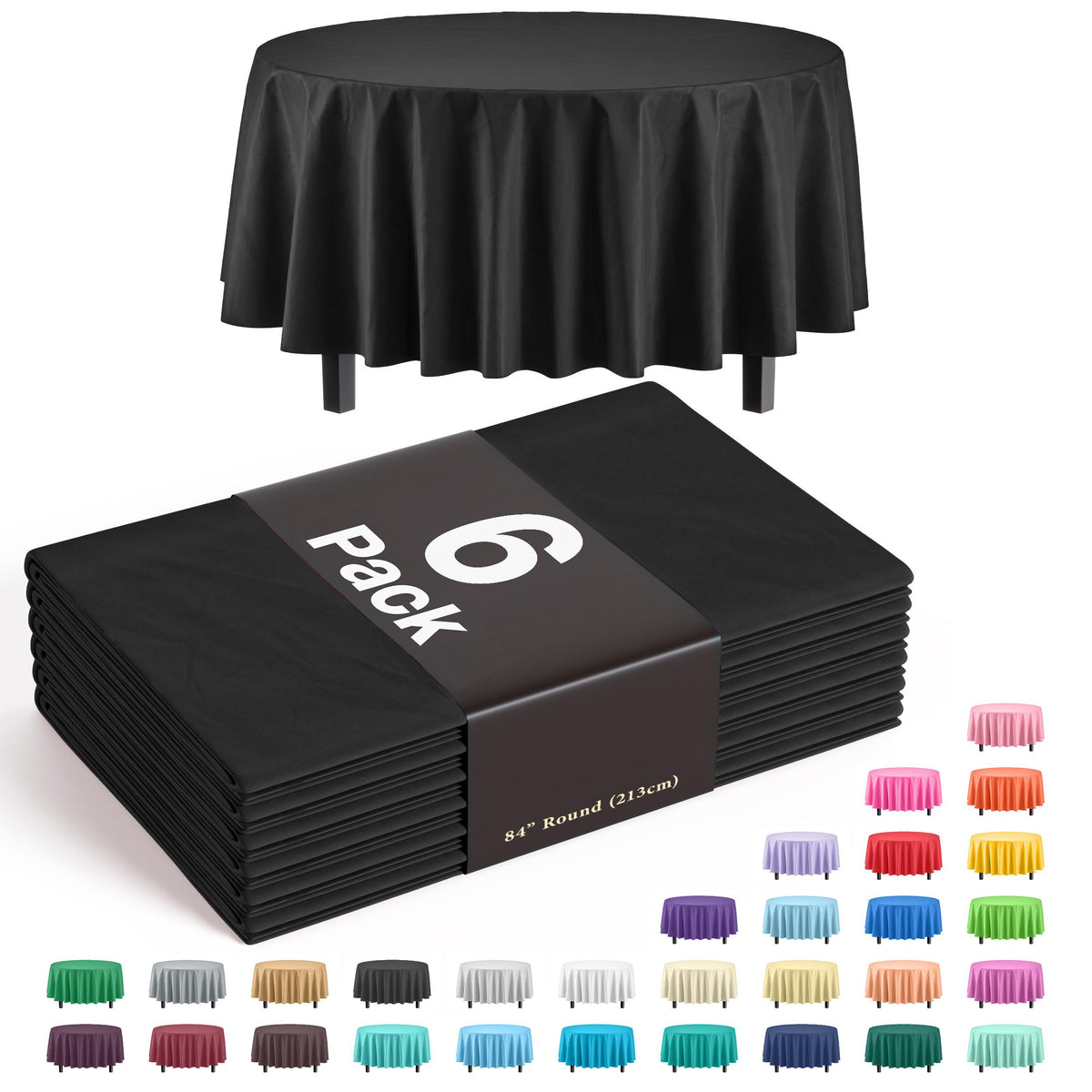 Black Round Plastic Table Covers | 6 Pack