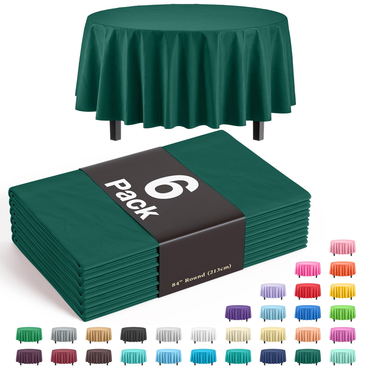 Dark Green Round Plastic Table Covers | 6 Pack