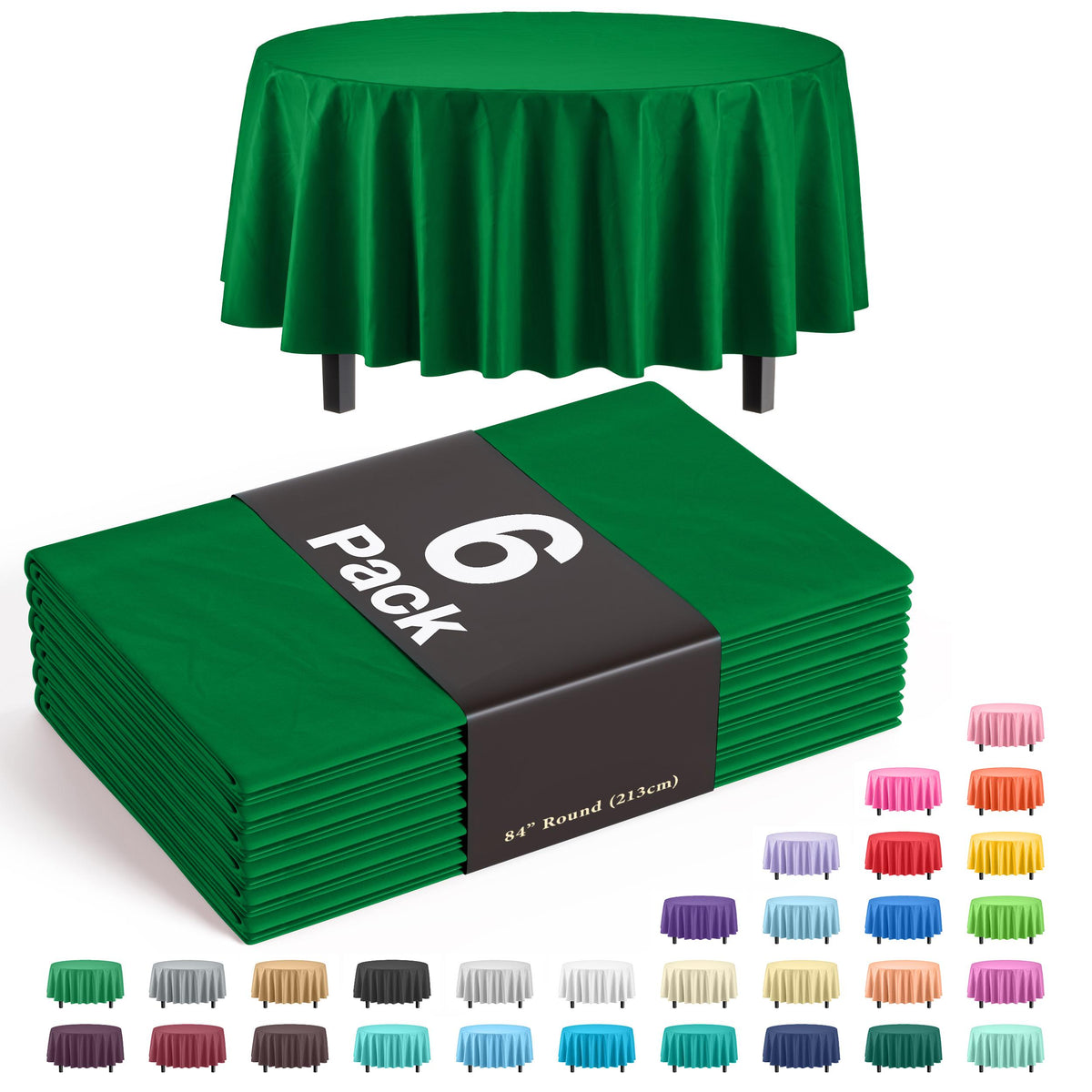 Premium Round Emerald Green Plastic Table Covers | 6 Pack - 84 in.