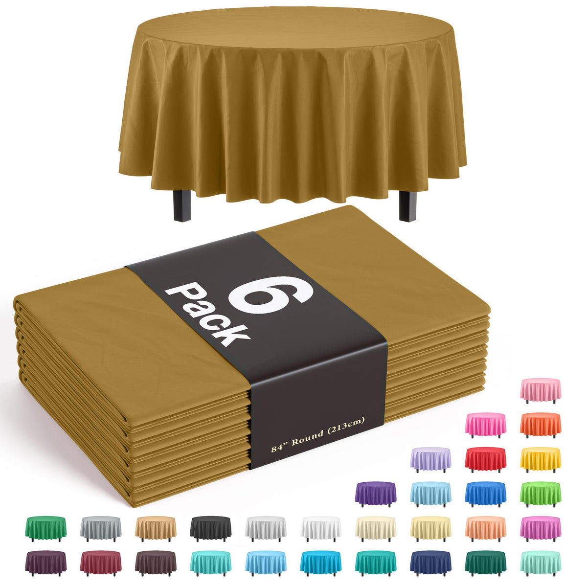 Gold Round Plastic Table Covers | 6 Pack