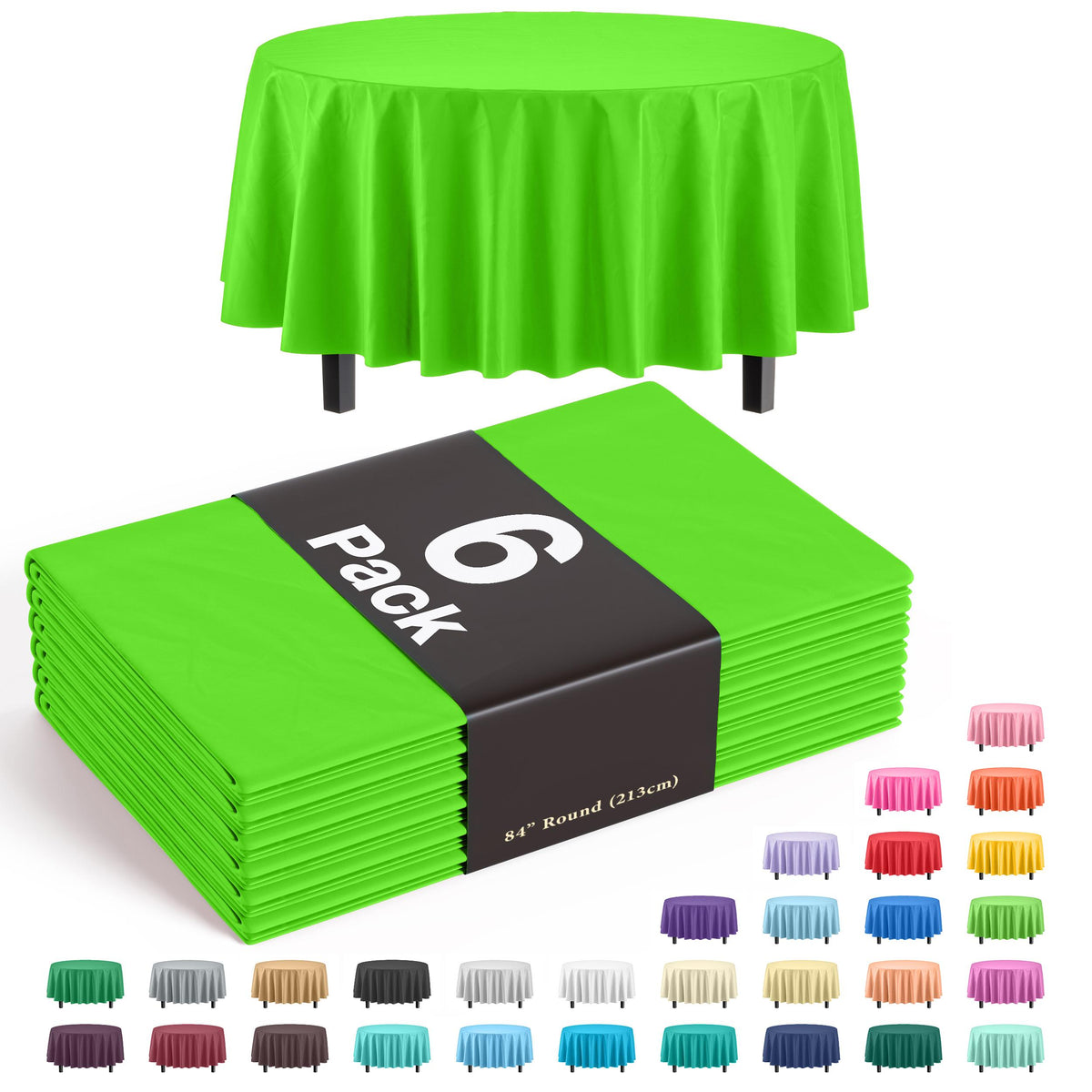 Premium Round Lime Green Plastic Table Covers | 6 Pack - 84 in.