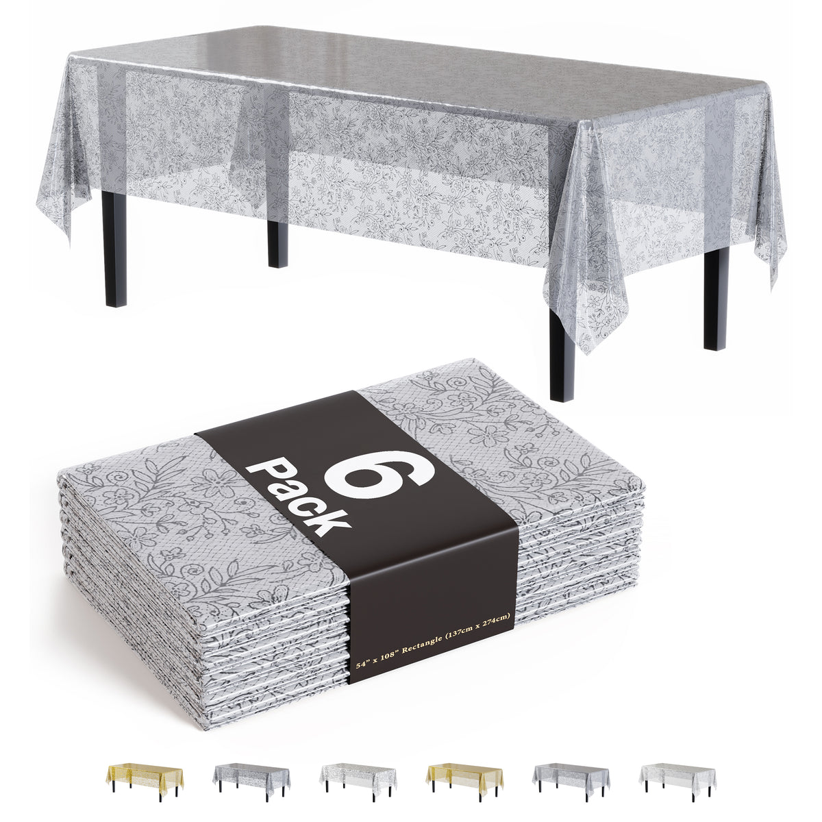 Silver Floral Plastic Table Covers | 6 Pack | 54 in. x 108 in.