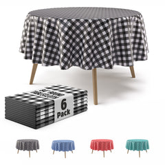 Round Black Gingham Plastic Table Covers | 6 Pack | 84 in.