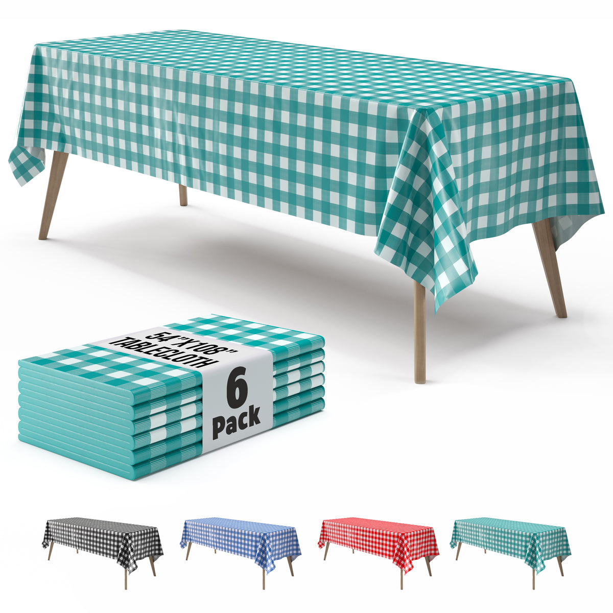 Teal Gingham Plastic Table Covers | 6 Pack | 54 in. x 108 in.
