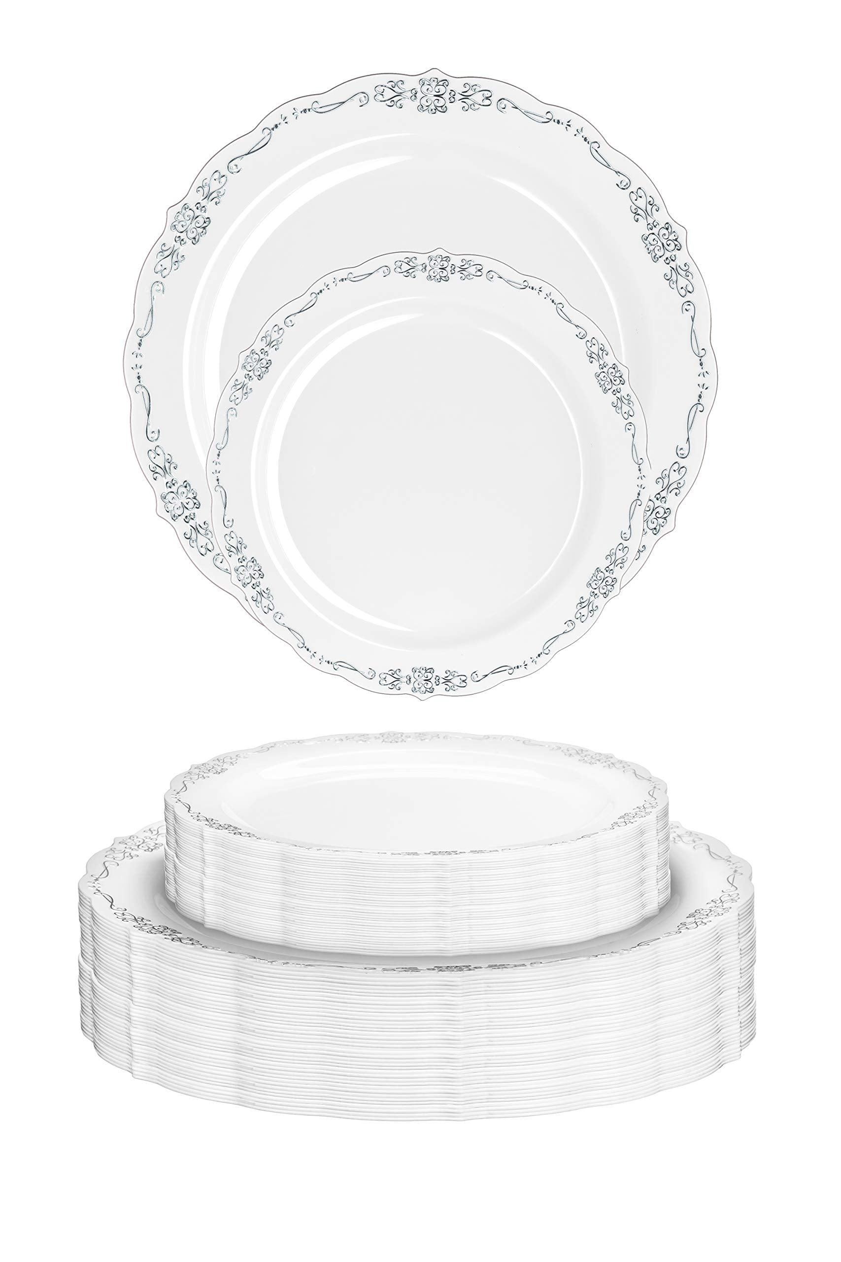 7.5 In. Gray/Silver Victorian Design Plastic Plates | 120 Count
