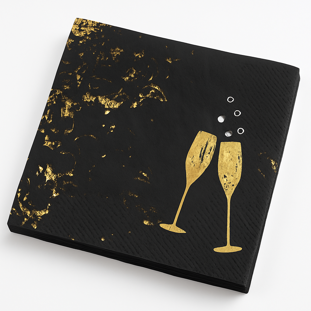 "Cheers For The New Year" Black and Gold Beverage Napkins, 5-Inch, 40 Pack