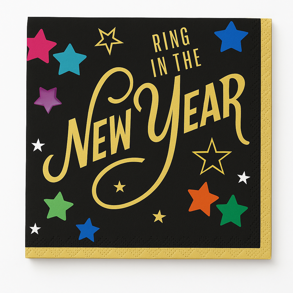 Starlight "Ring in the New Year" Beverage Napkins, Black/Gold, 40-Pack - 5 In. X 5 In.