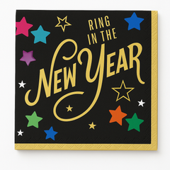 Starlight "Ring in the New Year" Beverage Napkins, Black/Gold, 40-Pack - 5 In. X 5 In.
