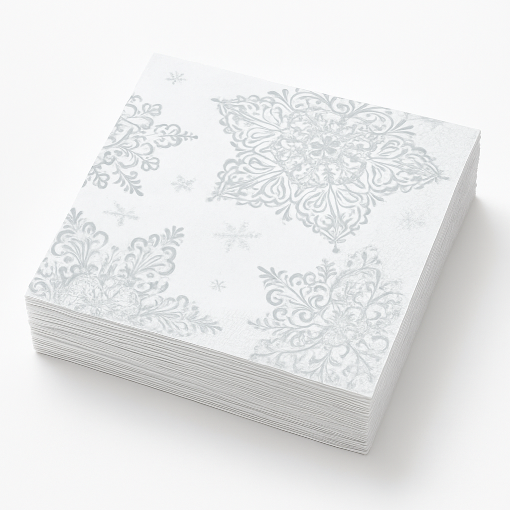 Snowflake Christmas Beverage Napkins, Silver/White, 125-Pack, 2-Ply - 5 In. X 5 In.