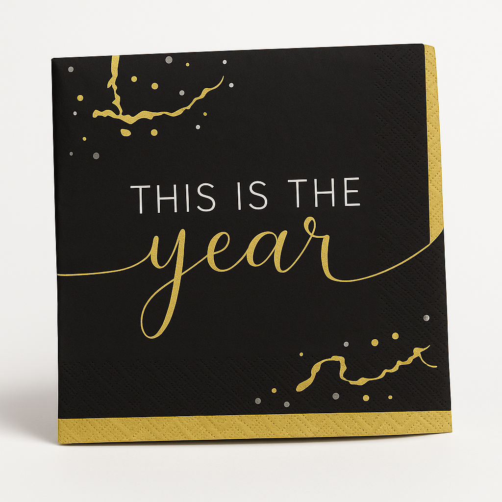 Hello New Year Gold & Black Luncheon Napkins - 40 Pack - 6.5 In. X 6.5 In.