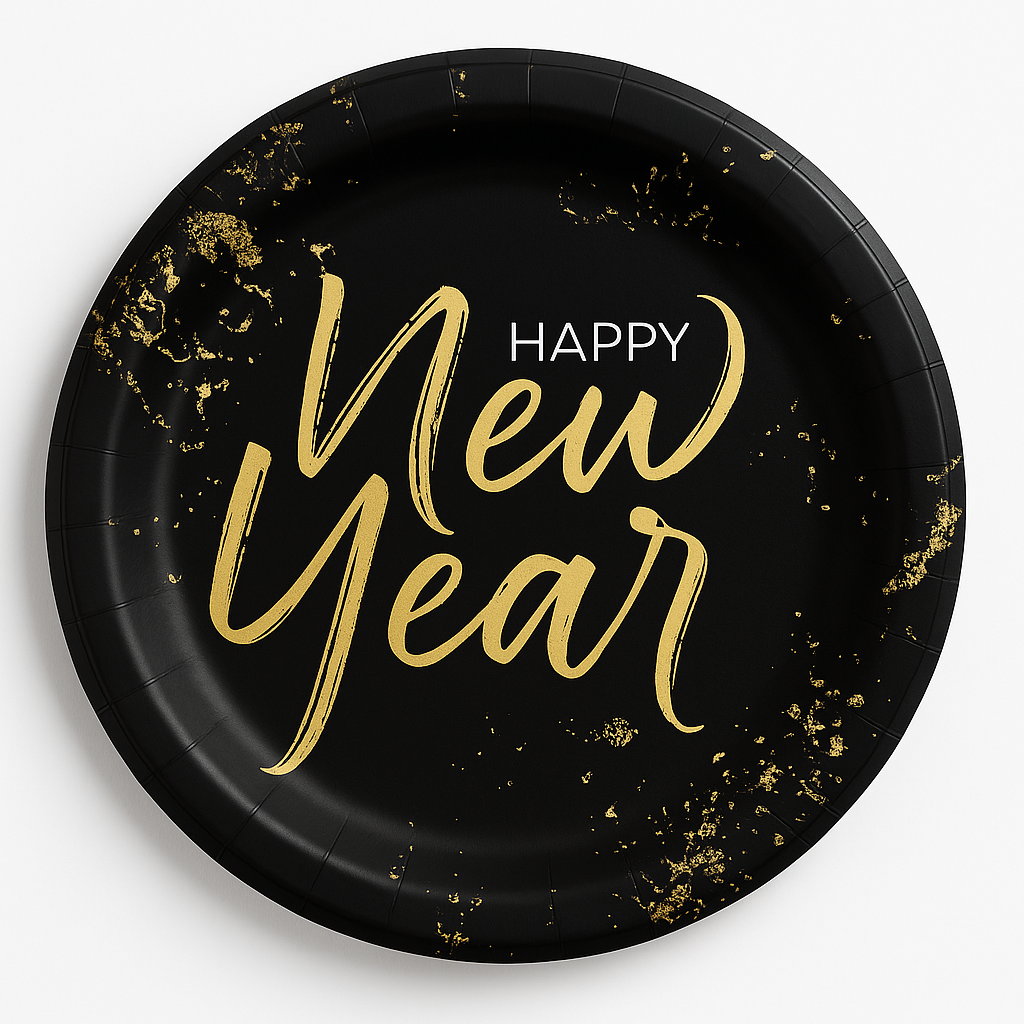 "Cheers For The New Year" 10-Inch Round Paper Plates - Black/Gold, 20-Pack