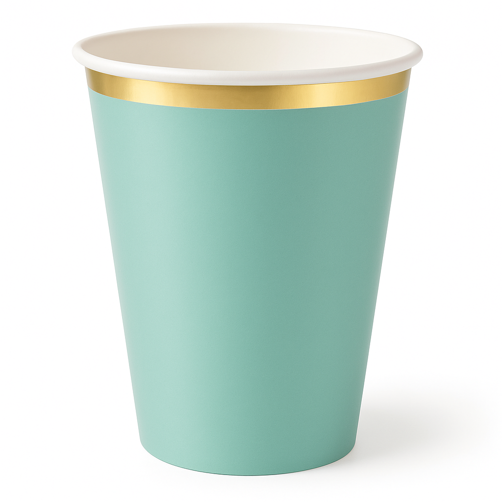 Elegant Gold Rimmed Mint Paper Cups - 12oz