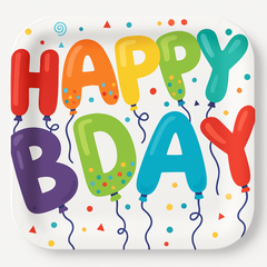 Colorful Balloon "Happy Bday" Square Paper Plates - 7-Inch, 18-Pack
