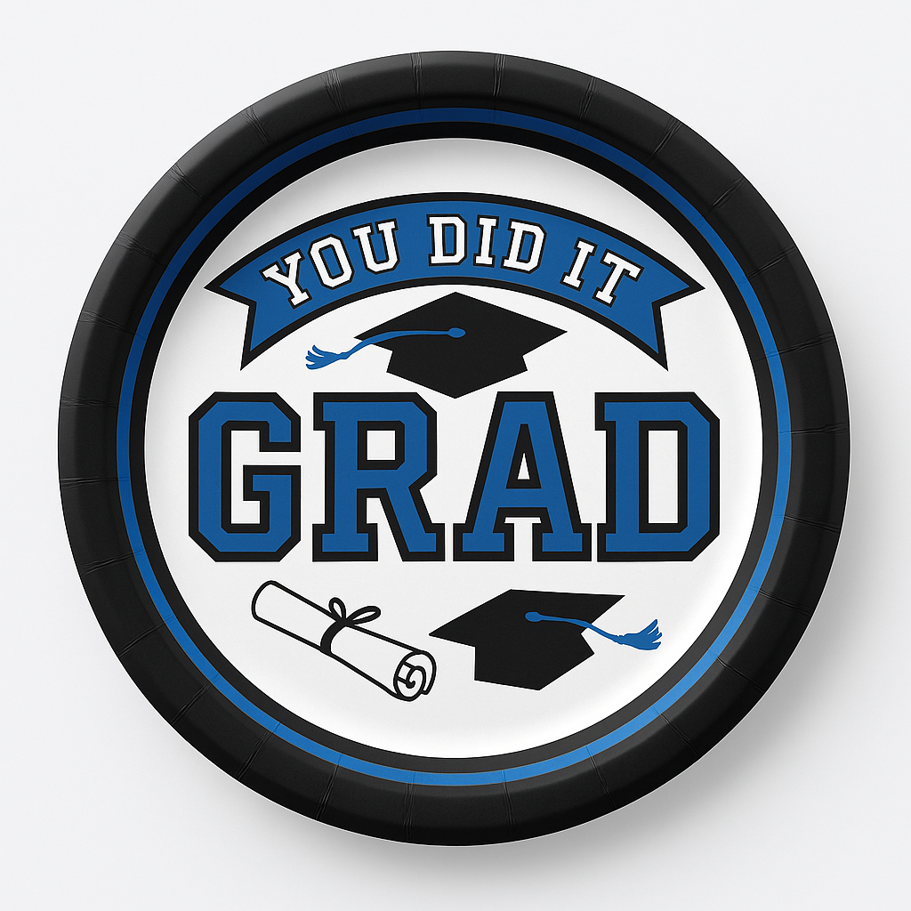 "You Did It Grad" Blue Round Graduation Dessert Plates - 6.75", 20ct
