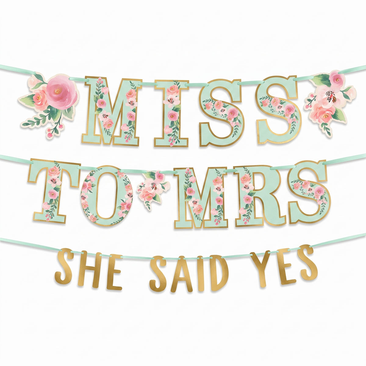 Mint Floral "Miss to Mrs" and "She Said Yes" Wedding Banner Kit