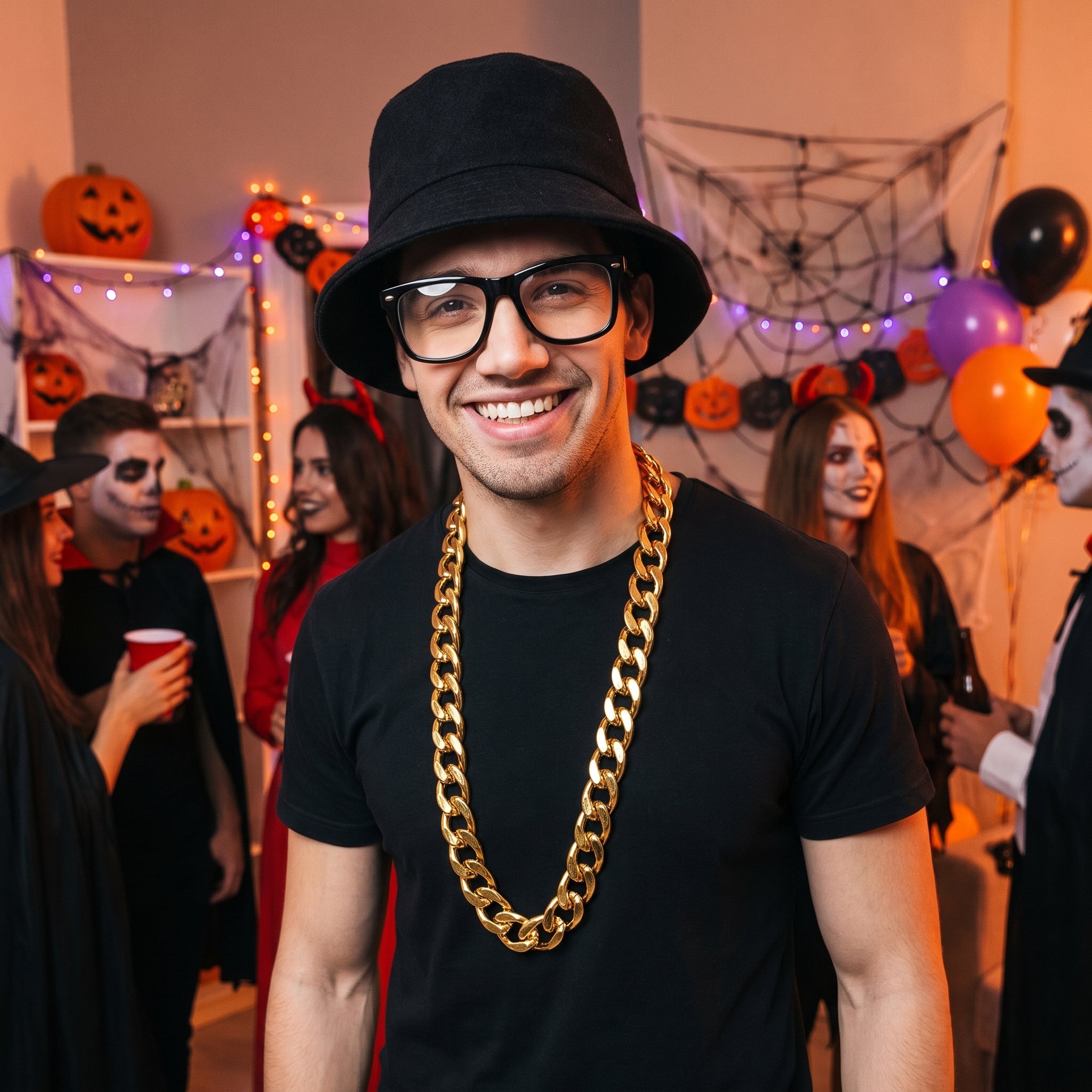1980s Old School Rapper Costume Kit with Hat, Glasses & Chain - One Size (72" long)