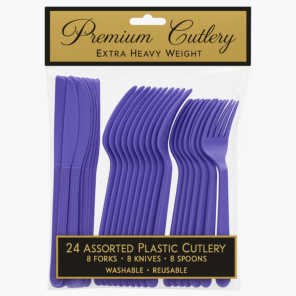 Purple Heavyweight Plastic Cutlery Set - 24 Pieces - 7.5 in.