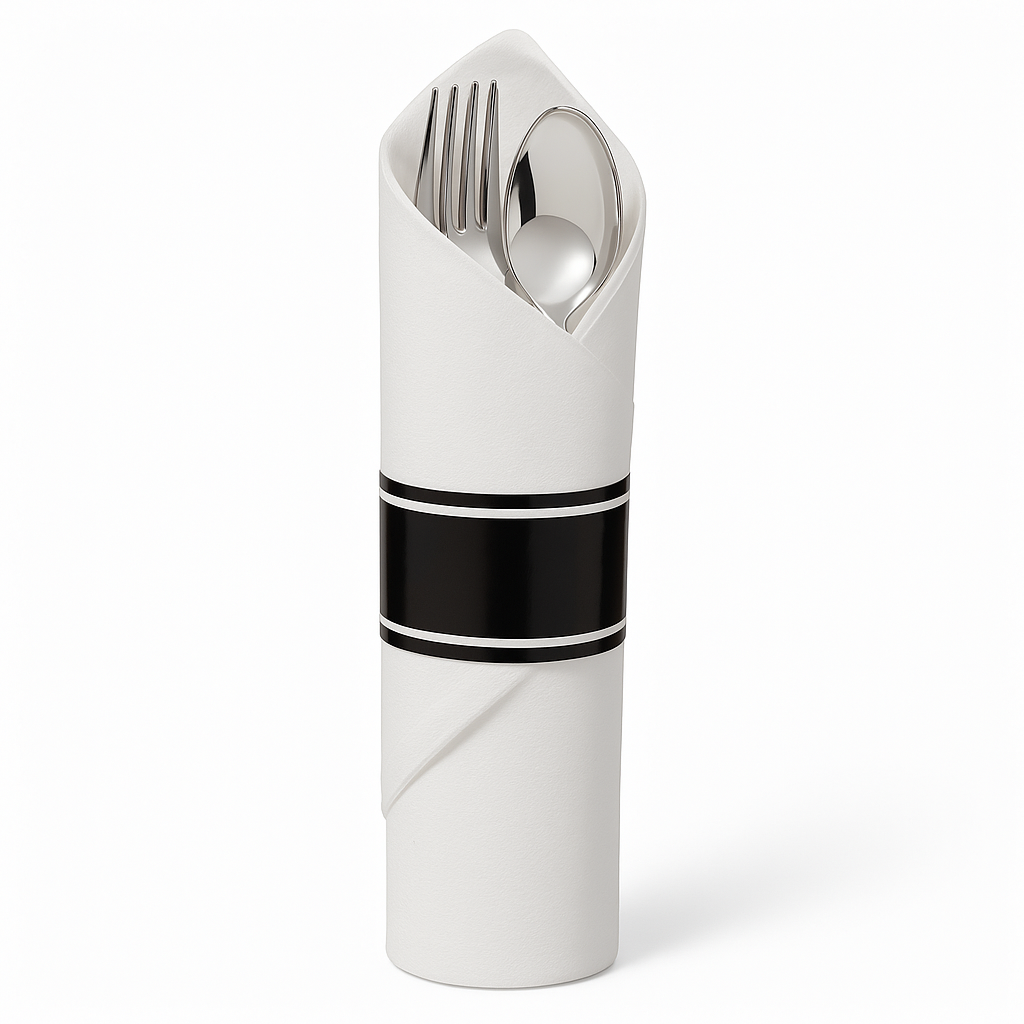 Premium Rolled Black Cutlery Set with Guest Towel