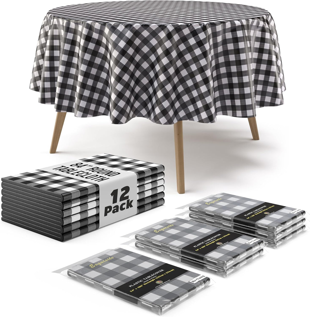 Round Black Gingham Plastic Table Covers | 12 Pack - 84 in.