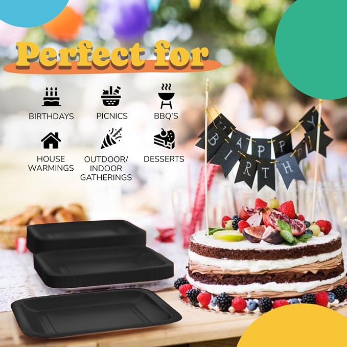 7 In. Black Square Paper Plates - 50 Ct.