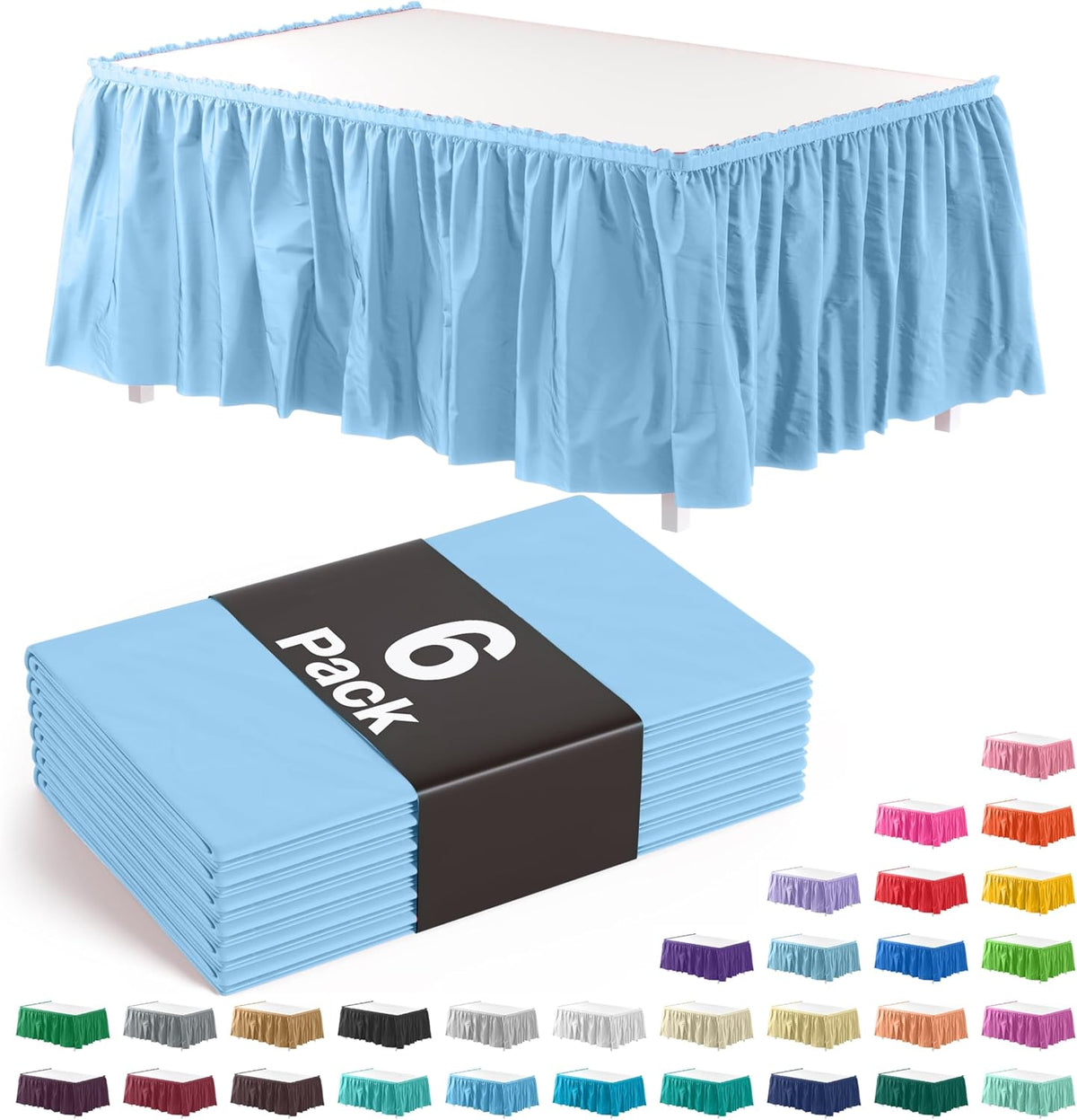 Light Blue Plastic Table Skirt | 6 Pack - 168 in. x 29 in.