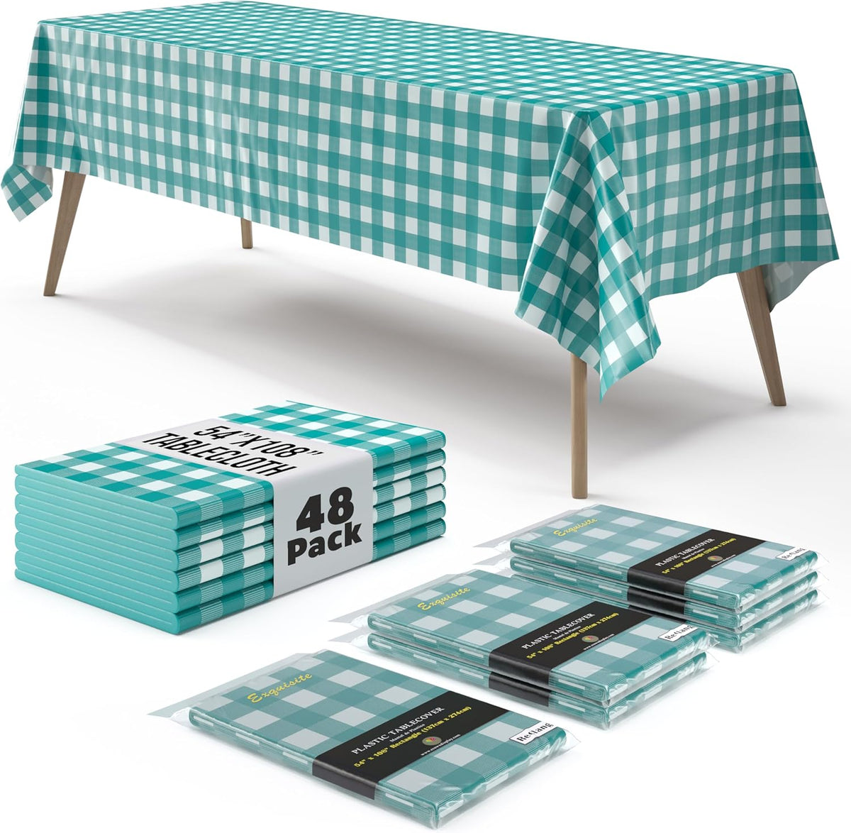 Teal Gingham Plastic Table Cover | Case of 48 - 54 In. x 108 In.