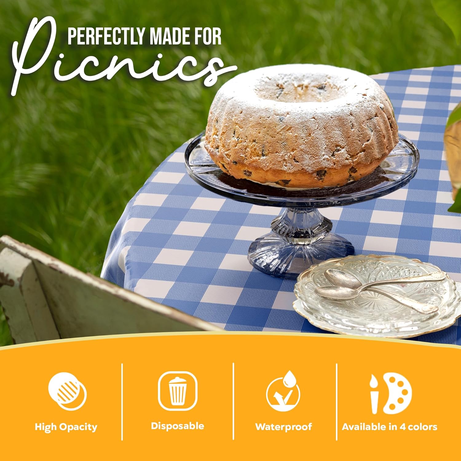 Round Blue Gingham Plastic Table Covers | 12 Pack