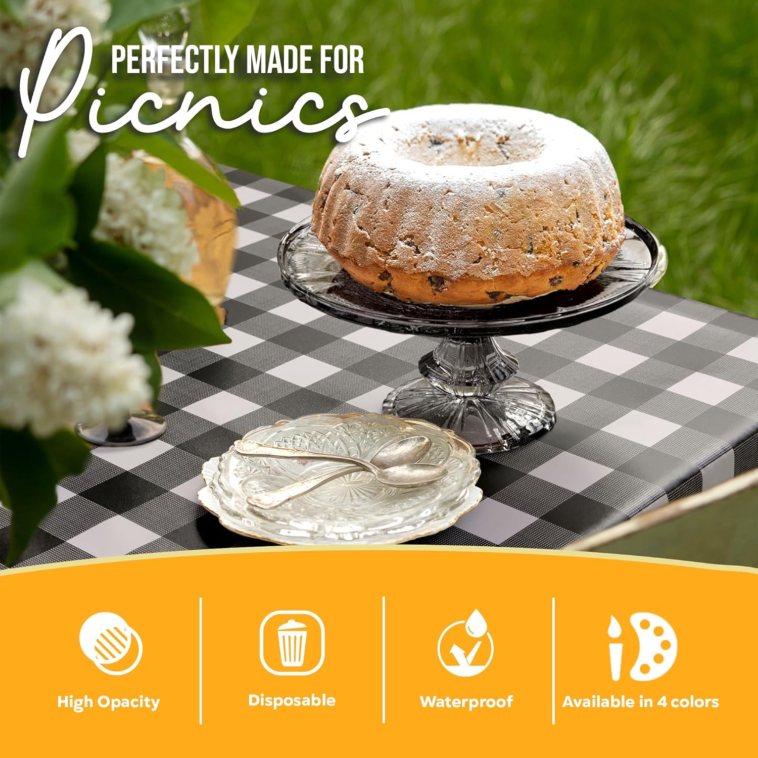 Black Gingham Plastic Table Cover | Case of 48 - 54 In. x 108 In.