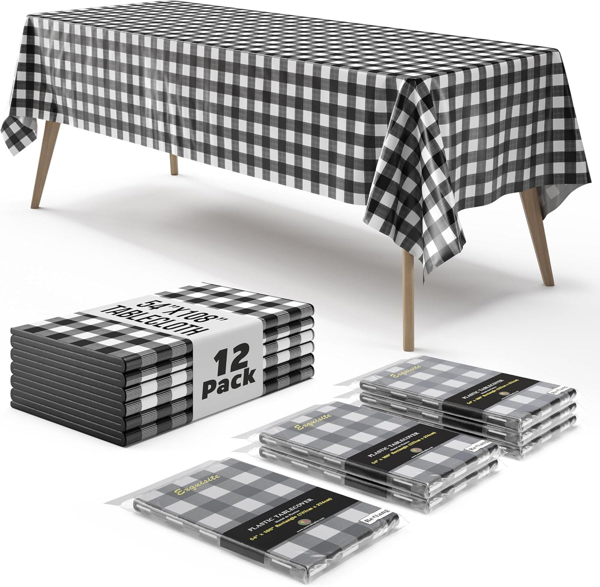 Black Gingham Plastic Table Covers | 12 Pack - 54 In. x 108 In.