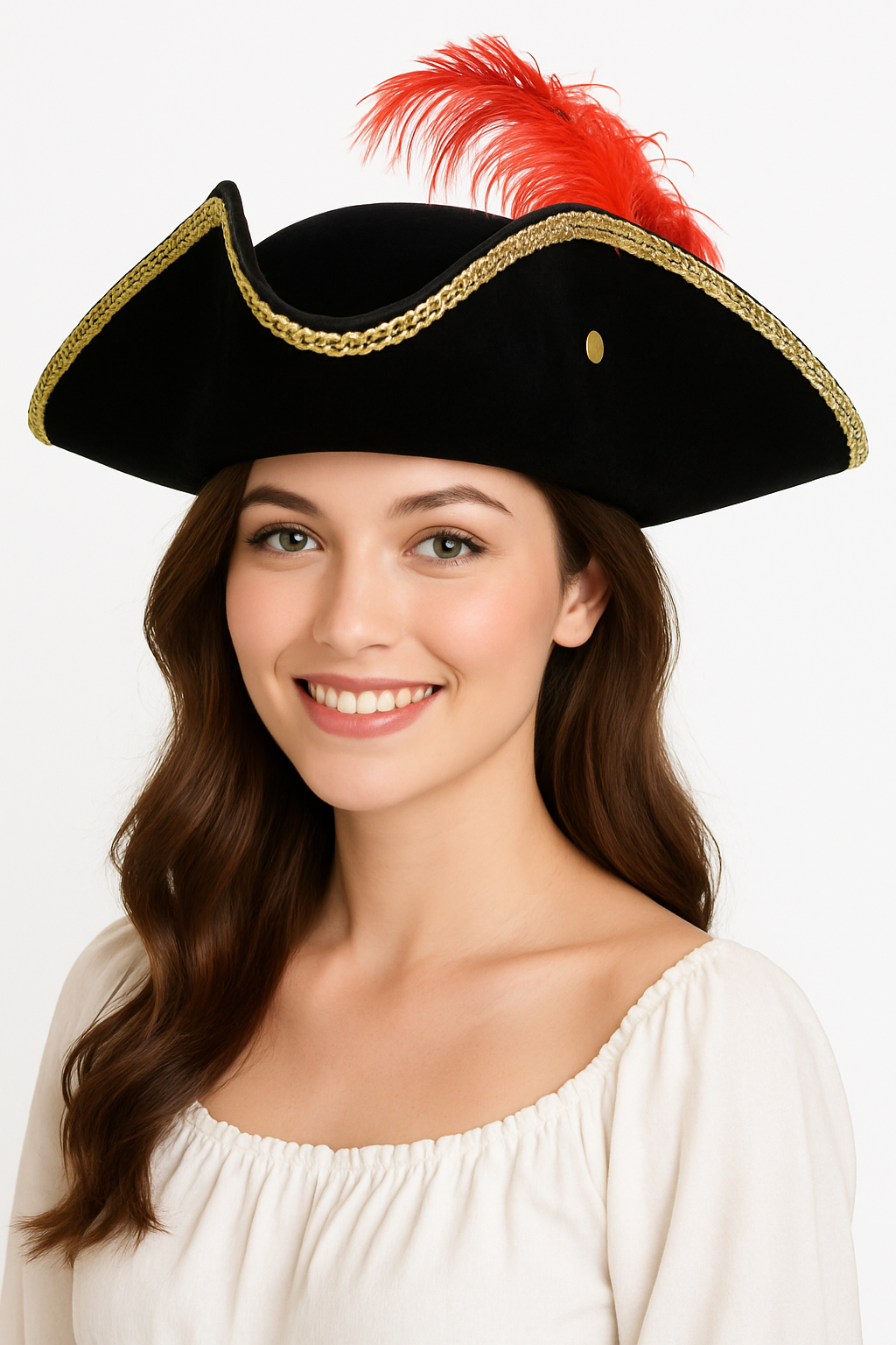 Buccaneer Tricorn Pirate Hat with Red Feather
