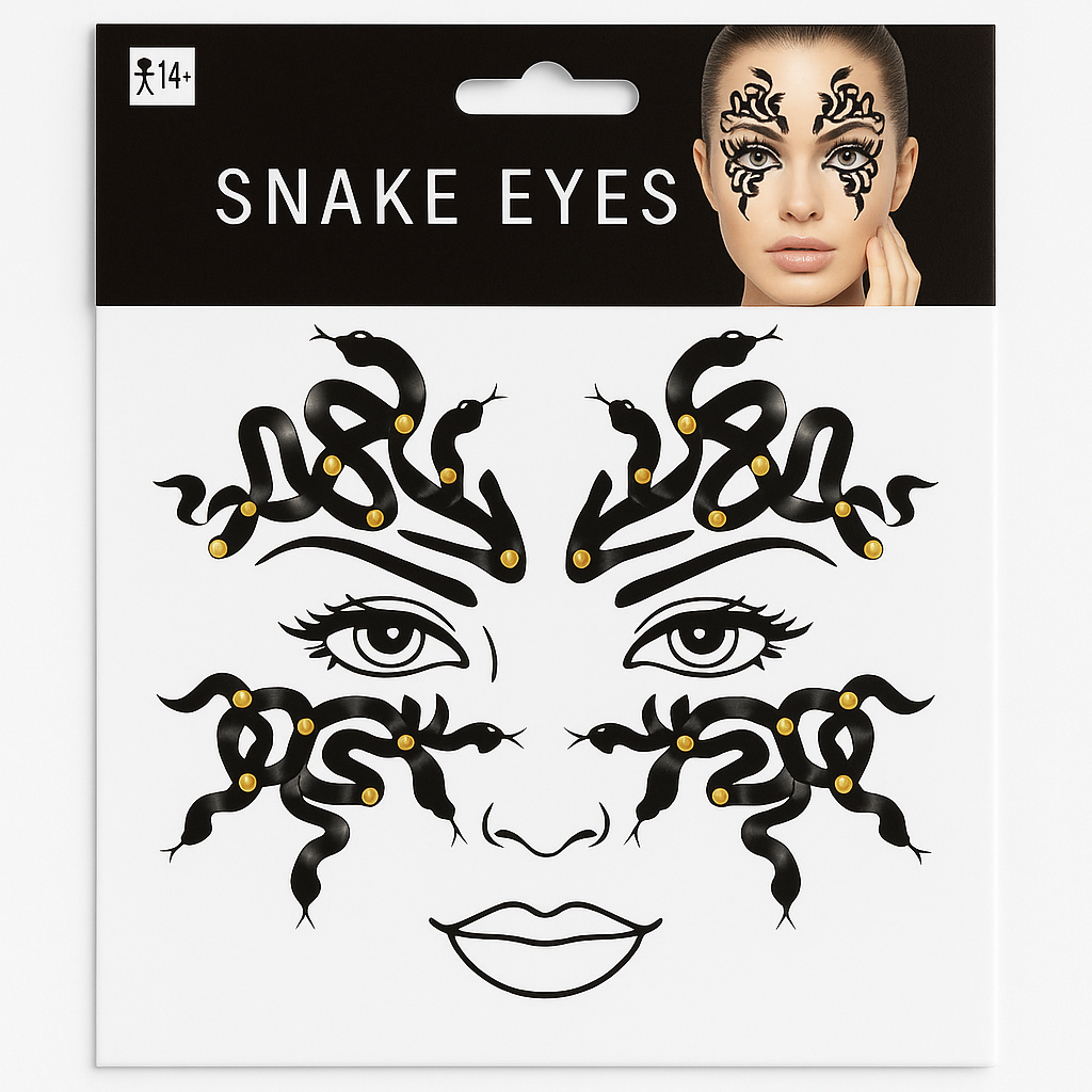 Snake Eyes Face Stickers Set with Gold Rhinestone Accents for Halloween