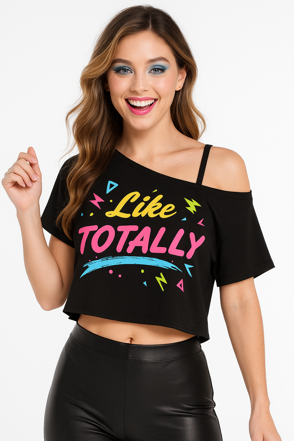 1980s "Like Totally" Off-Shoulder Graphic Crop Top