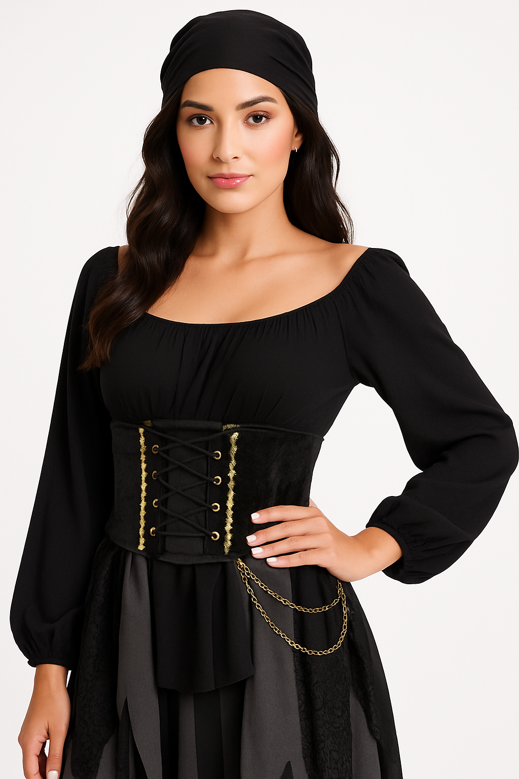 Pirate Wench Black Waist Cincher with Gold Detailing