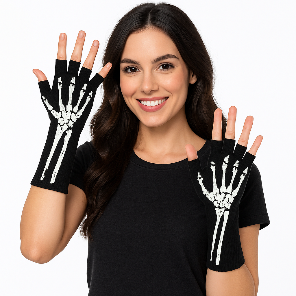 Glow-in-the-Dark Skeleton Fingerless Gloves - Adult Halloween Accessory