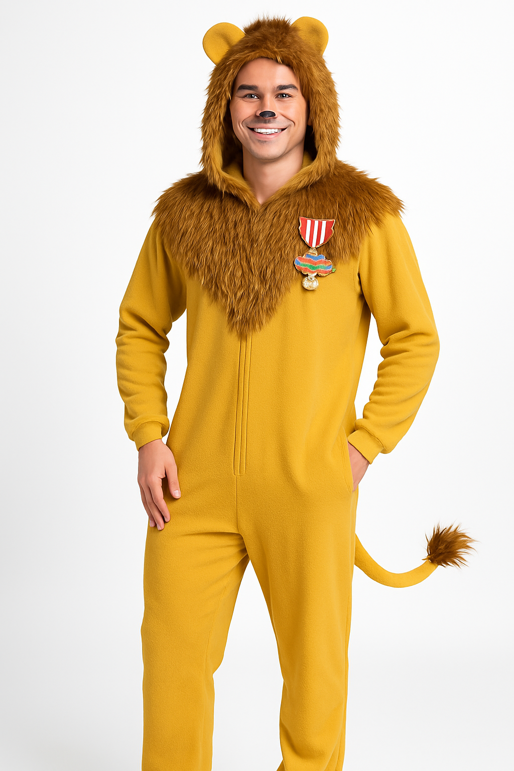 Men's The Wizard of Oz Cowardly Lion Orange Jumpsuit with Hood Halloween Costume, Assorted Sizes
