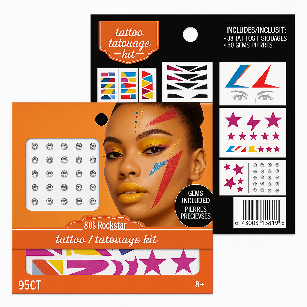 80s Rockstar Temporary Tattoo and Gem Kit