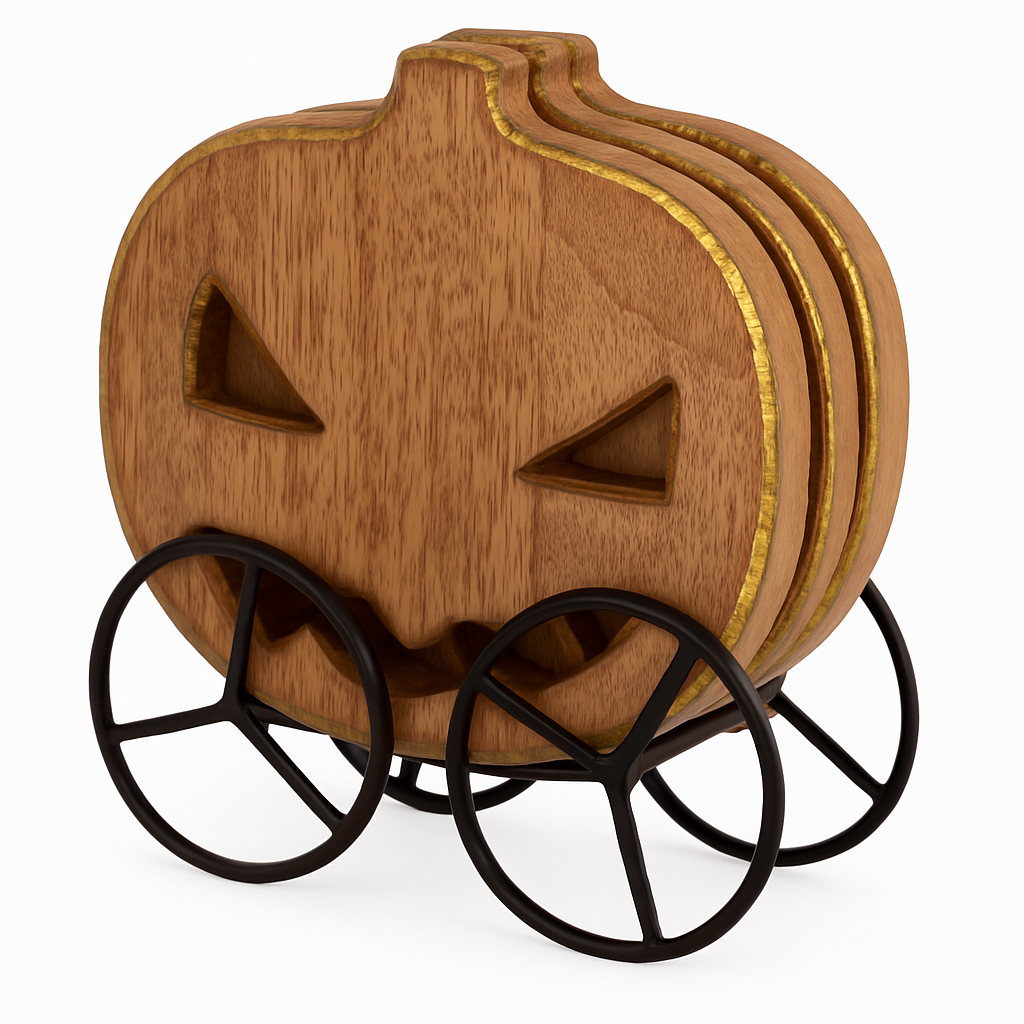 Halloween Pumpkin Mango Wood Coaster Set with Caddy