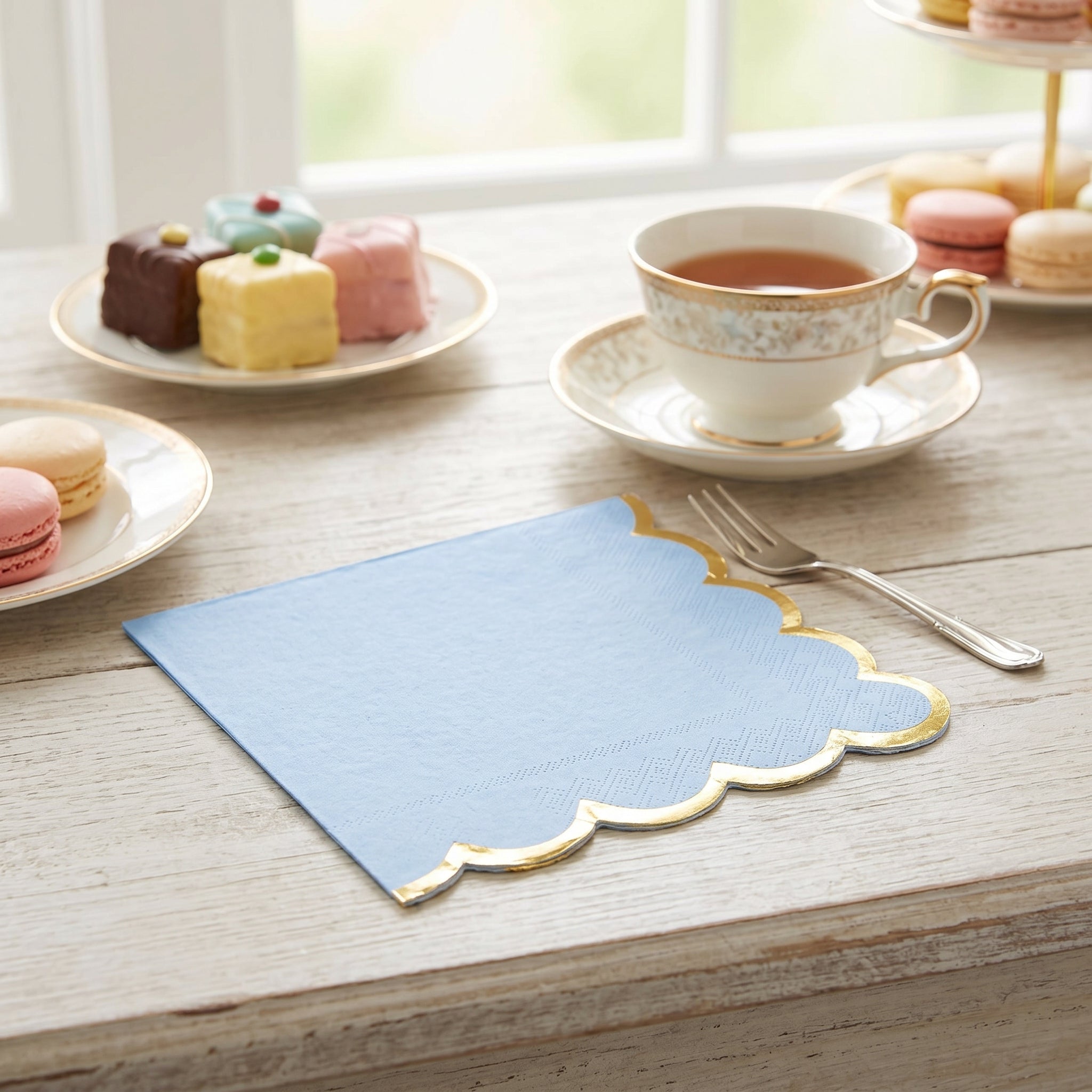 Scalloped Edge Beverage Napkins - Ice Blue with Gold Foil Border, Decorative Cocktail Napkins for Baby Shower, Birthday, Tea Party, Christening - 5 In. X 5 In.