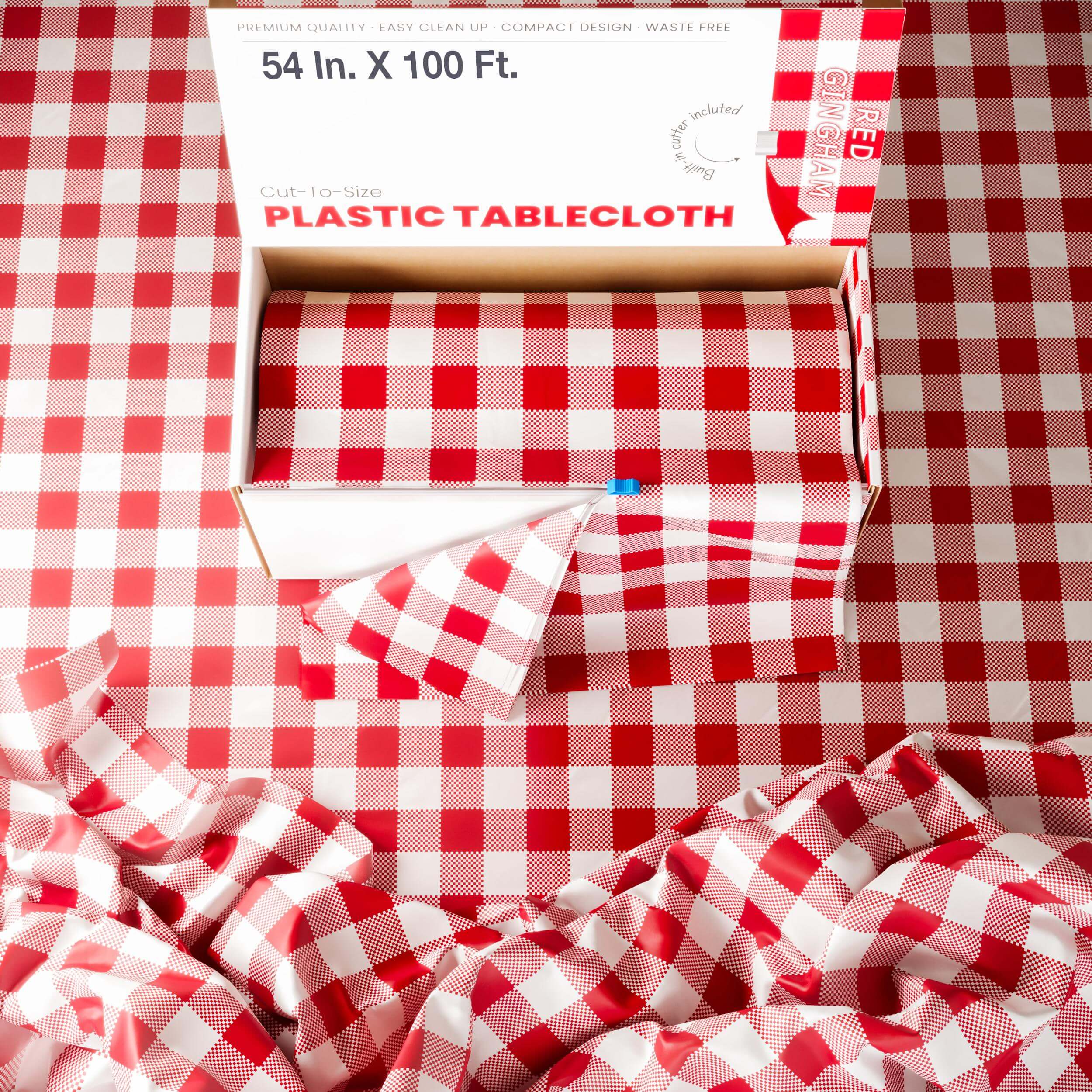 54 In. x 100 Ft. Cut to Size Plastic Table Cover | Red Gingham