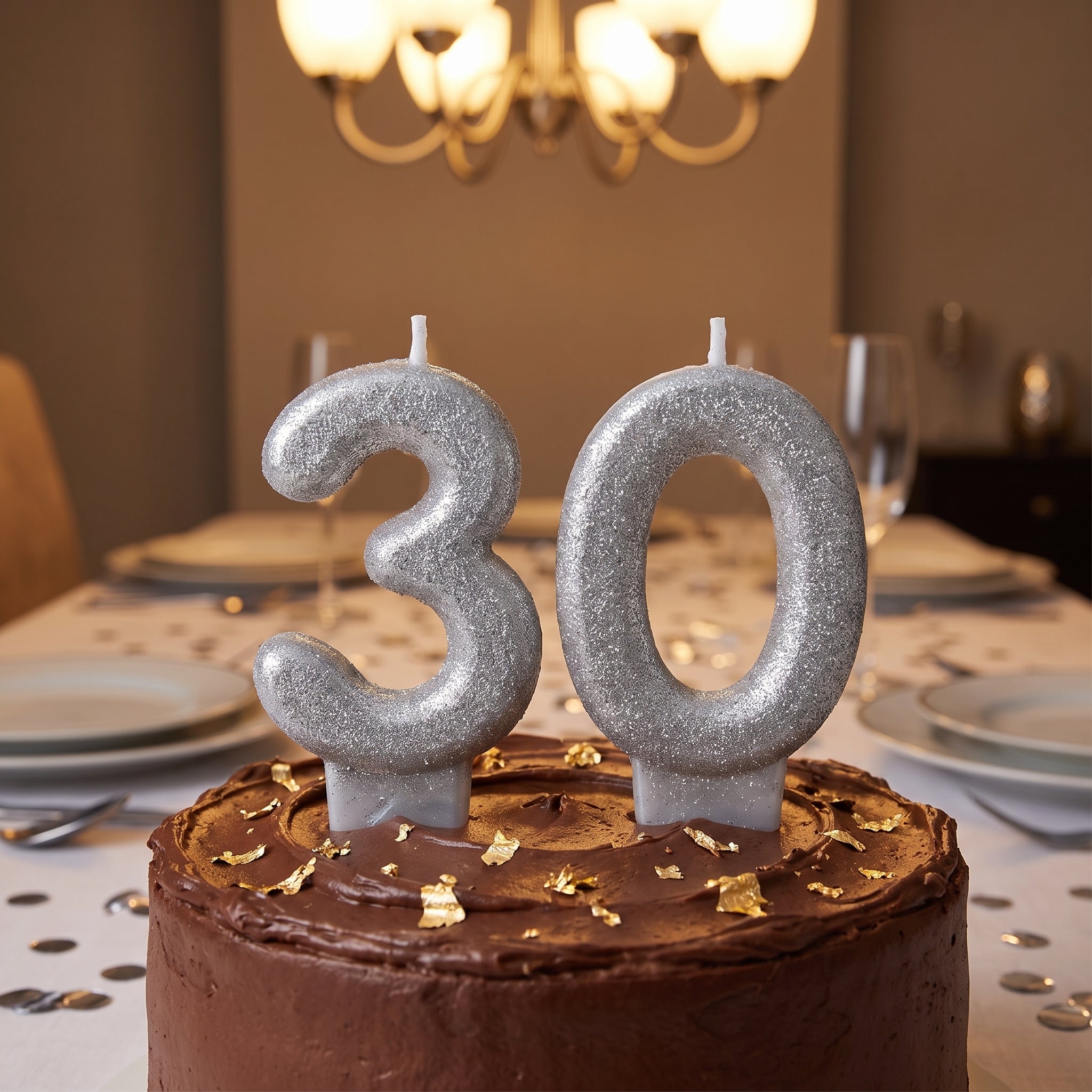 Sparkling Silver Glitter Number 30 Birthday Candles, 2-Piece Set